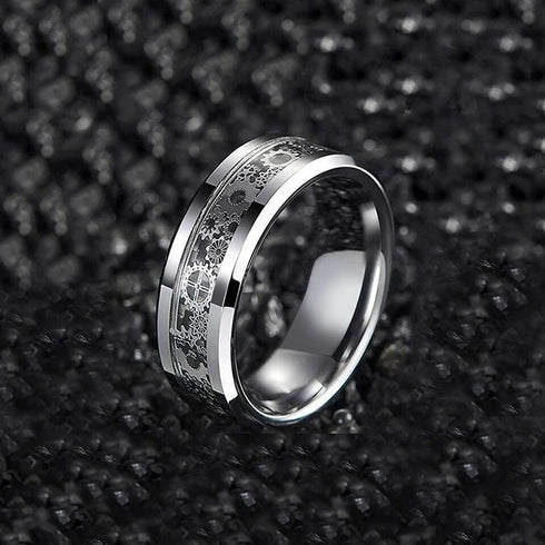 Men 8mm Tungsten Beveled Edge Mechanical Steampunk Gear Comfort-Fit Wedding Ring